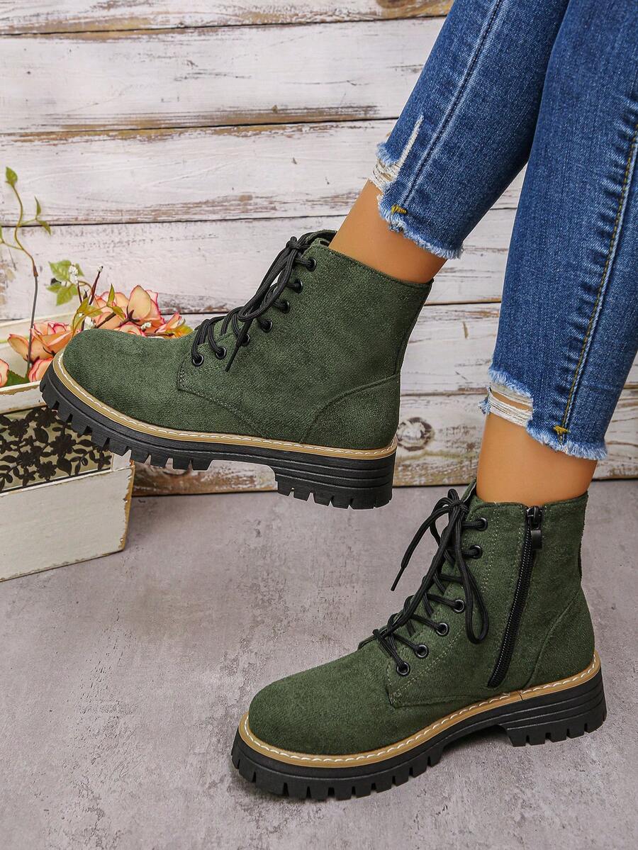 Women's Fashion Boots, Solid Color Western Style Outdoor Fabric Metal Eyelet Lace-Up Side Zipper Mid-Calf Boots, Slip-On Indoor/Outdoor Ankle Boots, Women's Ankle Boots And Short Boots, Women's Shoes Winter Boots, New Shoes Short Boots Women Shoes Flat Heel Zipper Boots Black Boots Women Chelsea Boots - Green - View 1