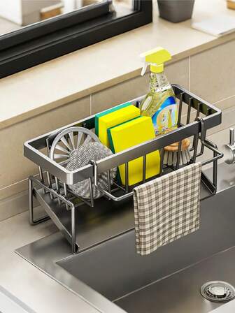 一套实用塑料厨房浴室水槽收纳套装，水龙头挂架，可收纳抹布、海绵和刷子 - 经久耐用，易于清洁，家居收纳，节省空间的收纳工具，高效排水厨房海绵架，肥皂架，不锈钢材质更坚固，倾斜设计不易积水，独立毛巾架有效防止发霉，厨房收纳
