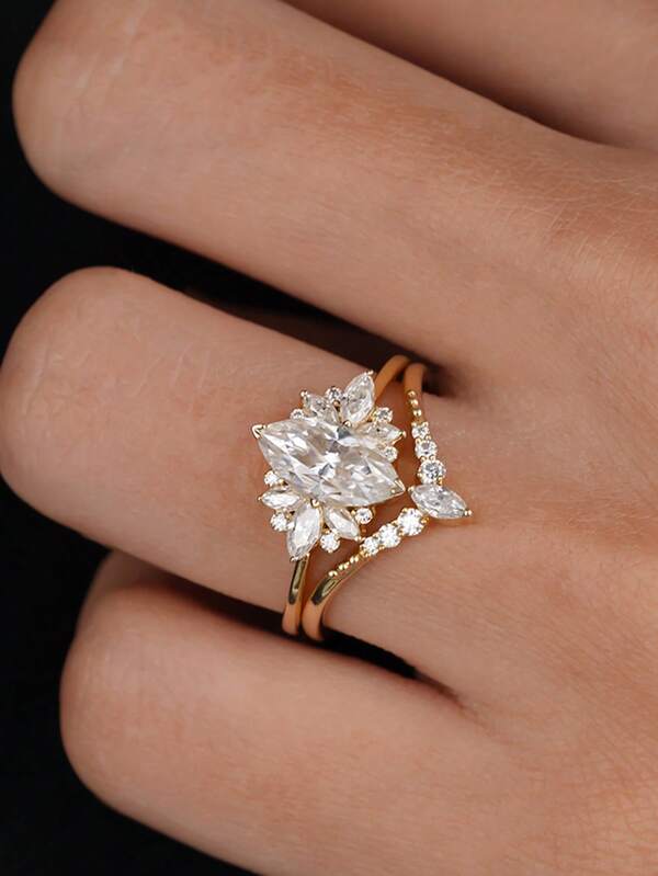 Juego de 2 piezas de anillos con diseño de ojo de caballo brillante - Juego de joyas con flor de la suerte, adecuado para uso diario, regalo de Navidad, Año Nuevo, Día de San Valentín y días festivos