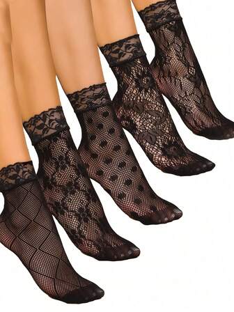 5 Pairs Women Lace Flower Trim Boat Socks, Printed Mesh Socks, Ultra-Thin Transparent Ankle Socks, Women Knee-High Socks And Pantyhose