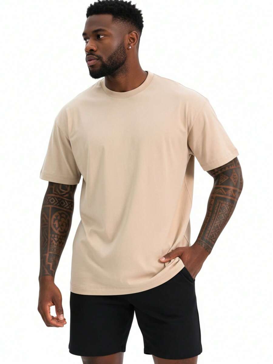 Oversized T-Shirt 100% Premium Cotton | Men's Basic Plain Comfortable - Beige - View 1