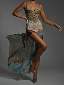 豹纹蕾丝开叉性感长裙女式礼服优雅拼接雪纺无袖露背沙滩晚礼服 - 藍色 - 查看 3