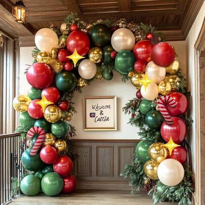 113pcs Christmas Red And Green Party Balloon Garland Arch Kit, Pearl White And Gold Candy Cane Balloons With Gold Star Balloons, Suitable For Christmas Party Decoration, Indoor Christmas Decoration, Christmas Mall Decoration