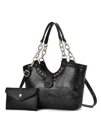 2pcs/Set Elegant Fashion Color Block One Shoulder Bucket Bag & Tote Bag, Multifunctional Dual Shoulder Strap Large Capacity Handbag & Crossbody Bag, Fashionable Design Multipurpose Clutch, New Style Ladies Handbag & Shoulder Bag Versatile Casual Multi-Pocket Bag Suitable For Travel, Shopping, Valentine's Day Gift