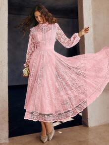 Simplee 女士新款纯色蕾丝连衣裙，喇叭裙摆，长袖，优雅大方，适合晚宴、派对、生日、婚礼宾客、毕业典礼等场合，春夏粉色 - 粉色 - 查看 6