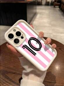 1pc White & Pink Striped Numeric Pattern Full Coverage TPU Shockproof Phone Case Compatible With IPhone 16, 15, 14, 13, 12, 11 Pro Compatible With Samsung Series - Multicolor - View 1