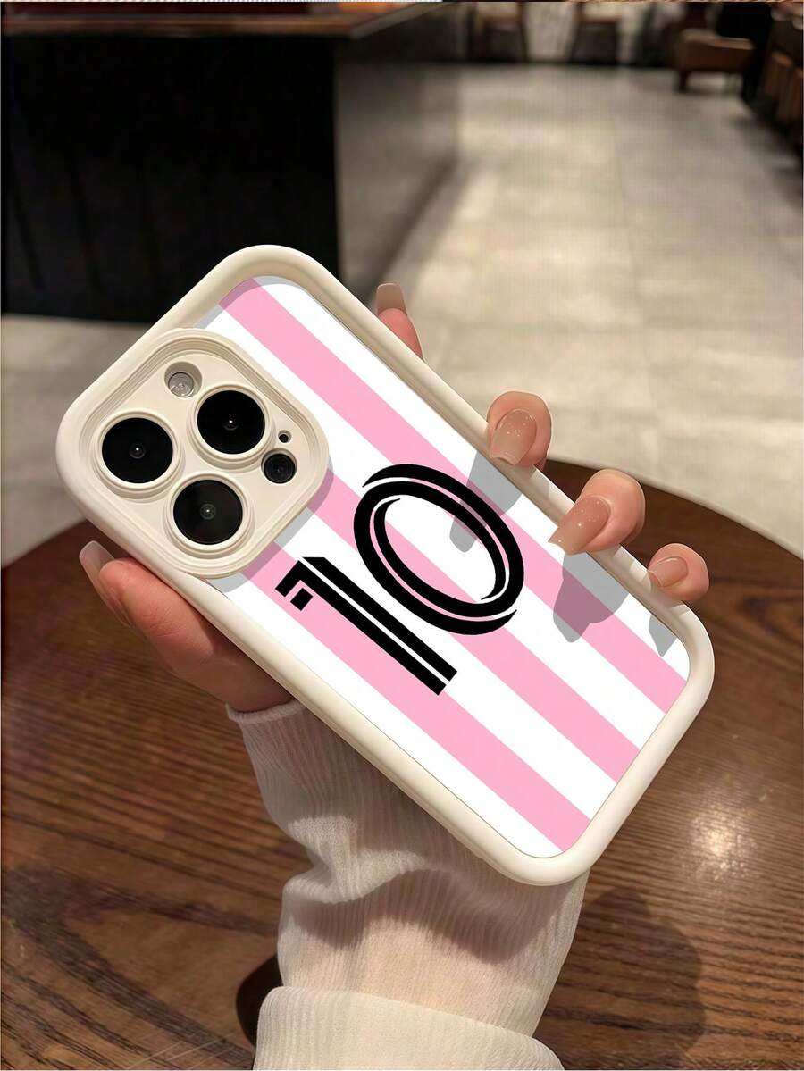 1pc White & Pink Striped Numeric Pattern Full Coverage TPU Shockproof Phone Case Compatible With IPhone 16, 15, 14, 13, 12, 11 Pro Compatible With Samsung Series - Multicolor - View 1