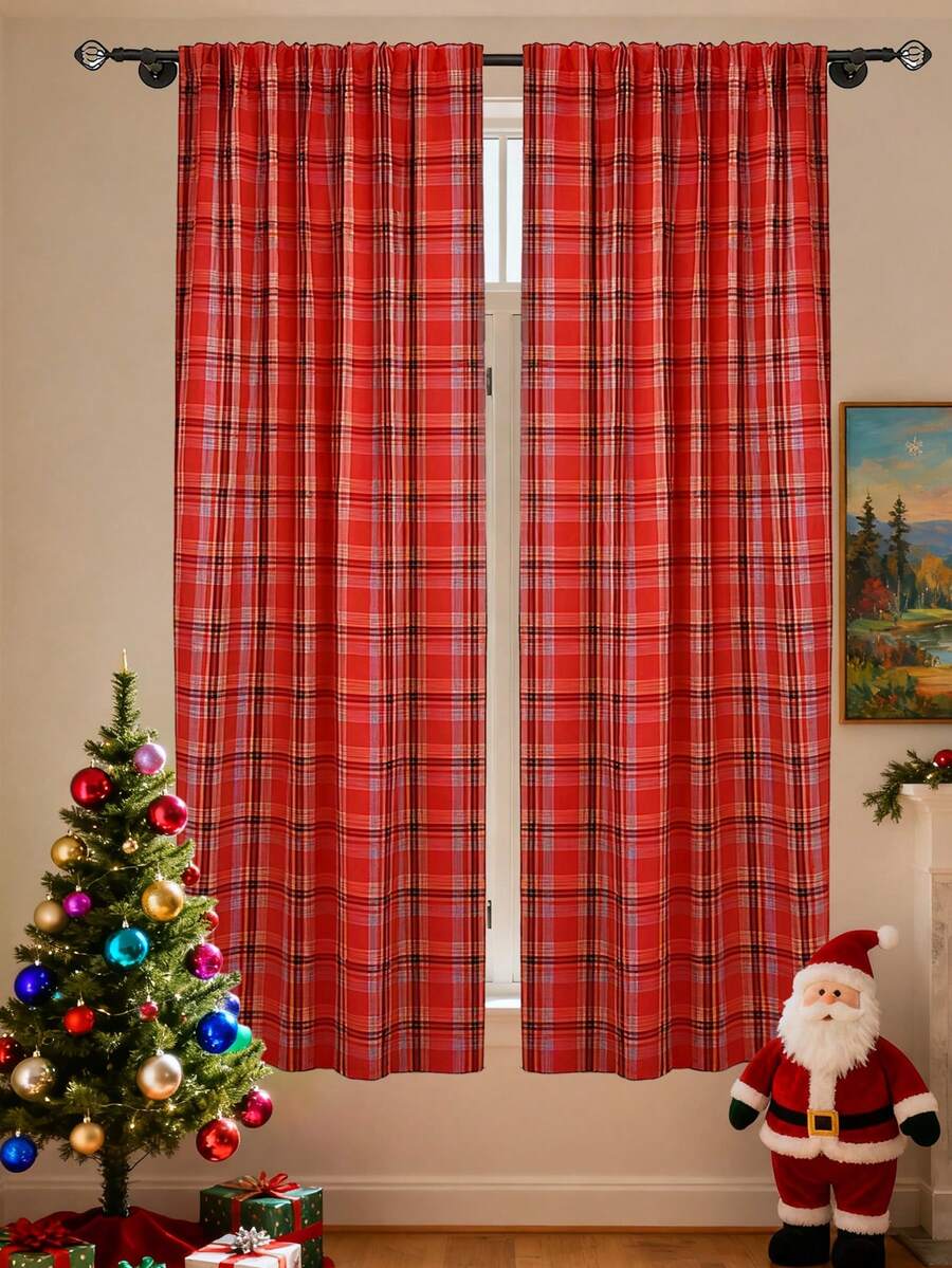 1 pezzo Tenda natalizia vintage a quadri rossi, decorativa ma non trasparente, con design a passante superiore, adatta per camera da letto, cucina, balcone, soggiorno, per creare un'atmosfera festiva