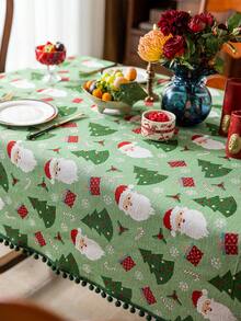 1pc Christmas Jacquard Tablecloth, Christmas Tree Pattern With Pom Pom Trim, Adorable Christmas Style Polyester Tablecloth, Suitable For Living Room, Dining Room, Party, Home Decor, Room Decor, Tabletop Decor And Holiday Gift, Multiple Sizes Available, Suitable For All Seasons - Green - View 5