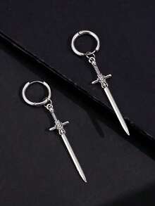 1Pair Gothic Vintage Sword Alloy Earrings Women Man Fashion Cool Punk Rock Party Jewelry Accessories Fantasy Ear Hooks - 銀色 - 查看 6