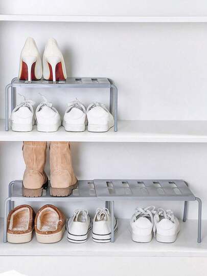 1pc Solid Color Expandable Multi-Tier Shoe Rack With Space-Saving Plastic Construction, Flexible Layered Organizer For Home, Kitchen, Living Room, And Dorm, Perfect For Shoes, Slippers, And Casual Footwear, Adjustable Height & Stackable Design To Maximize Small Closets, Entryways, Mudrooms, And Wardrobes, Lightweight Yet Durable Plastic Shelving Solution For Neat, Tidy, And Fashion-Forward Home Organization