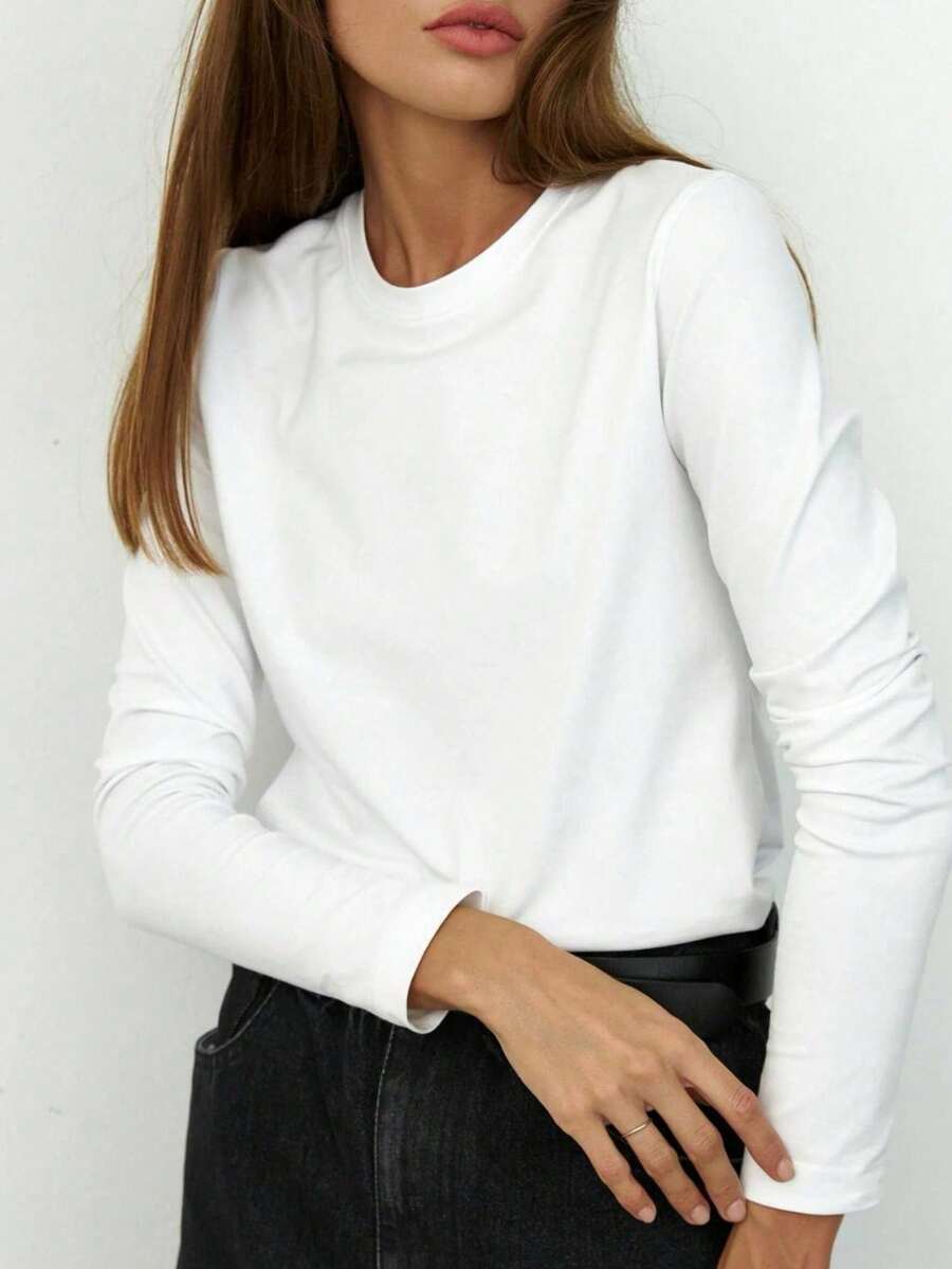 2025年春季性感圆领修身长袖打底衫——时尚百搭 - 白色 - 查看 1