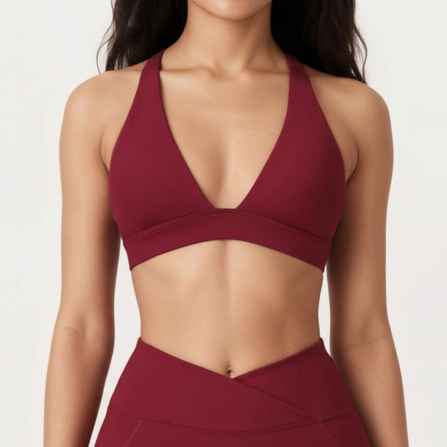 Women's V-Neck Halter Sports Bra With Wide Band And Supportive Stretch Fit - 酒紅色 - 查看 1
