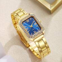 1 buc. Ceas de damă cu cuarț la modă, cu cadran pătrat simplu, carcasă placată cu aur de înaltă calitate, curea din oțel inoxidabil, potrivit pentru ziua de naștere, aniversare, cadou de Ziua Mamei