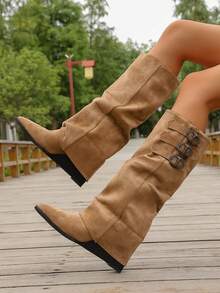 2025 Winter Vintage Pointed Toe Block Heel Tall Boots For Women, Western Style Casual Versatile Pair With Dresses, Leg Slimming, Fashion Boots - Khaki - View 3