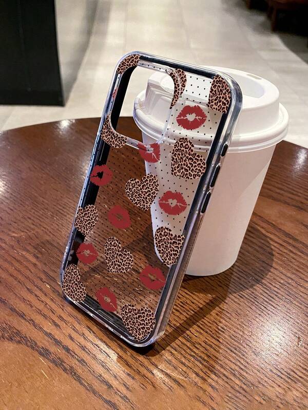 Fashionable Leopard Print Heart & Red Lip Polka Dot Printed 2-In-1 Transparent Phone Case, Suitable For Daily Use, Parties And Those Who Sexy Style, Simple 2-In-1 Black Bumper Shockproof Thick Transparent Phone Case, Compatible With IPhone Case, Case 17 Pro Max, Covers, Cute Phone Case, Compatible With IPhone 11/12/13/14/15 Pro Max/16/16 Plus/16 Pro/16 Pro Max/17 Pro Max/17 Case, Soft Shockproof Protective Case