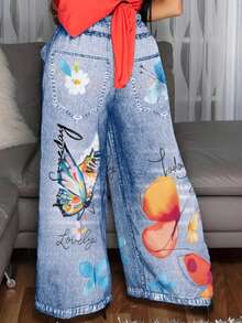 Women's Casual Imitation Denim Print Pocket Straight Pants Casual Fashion Women's Four Seasons Pants Abstract Watercolor Butterfly Pattern