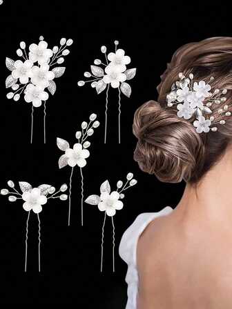 Set de 5 piezas de pasadores de cabello en forma de U con flor de acrílico blanco y hoja de plata, accesorios para el cabello para boda, fiesta y dama de honor