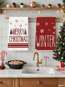 2 Pcs Poinsettia Pine Cone Christmas Reindeer Pine Tree Kitchen Towels Colorful Dish Towels Cooking Hand Towels Farmhouse Home Kitchen Dining Room Bathroom Decorative Hand Towels - Red and White - View 3