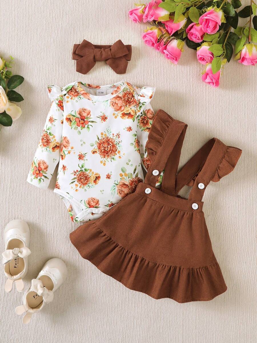 BrownBark 3件套女婴优雅可爱家居服套装,包括舒适圆领荷叶袖碎花连体衣、纯色背带裙和发带,适合春秋季、休闲、校园、户外、街头风格、居家穿着。 - 棕色 - 查看 1