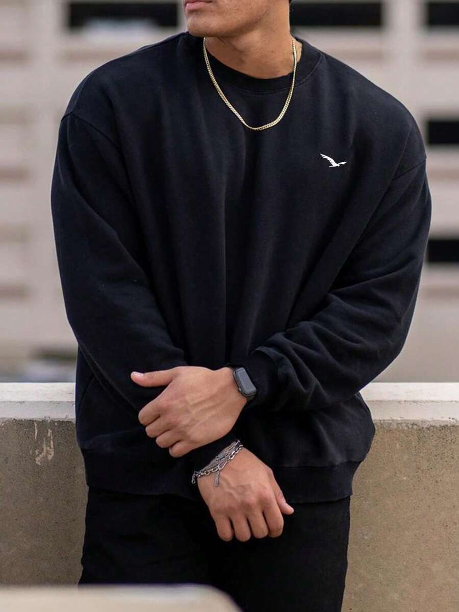 Plus Size Men's Crew Neck Bird Print Casual Long Sleeve Sweatshirt