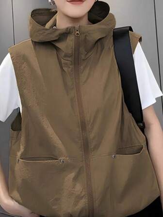 Chaqueta sin mangas para mujer talla grande, con capucha, cierre con cremallera, diseño de bolsillo oculto, de tela tejida ligera
