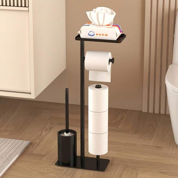 Stainless Steel Floor-Standing Toilet Brush Holder With Toilet Paper Rack, Multi-Function Standing Tissue Paper Holder, Bathroom Toilet Brush