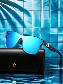 POLASUP 1pc Ladies' Streamline Sunglasses With Button Accents On Double Bars, Summer Personality, Colored Mirrored  Frame, Oversized Outdoor Cycling Sun Glasses, Gradient Reflective Coating, Fashion Eyewear (With Anti-Loss Rope, Glasses Case, Cleaning Cloth),School - 薄荷藍 - 查看 7