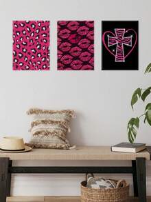 3Pcs Pink Wall Art, Glamorous Canvas Print Wall Painting, Zebra Pattern Poster, Glitter Decorative Artwork, Lips Paintings, Bold Wall Decor, Art Prints, Home Decor, Posters, Ideal Gift,With Frame