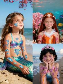 10张彩色鱼鳞临时纹身贴纸，逼真贝壳设计，美人鱼主题派对用品，沙滩派对，角色扮演化妆假纹身