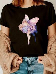 Camiseta de Mujer de Talla Grande, Gráfico de Hada Caprichosa - Casual Negra de Manga Corta y Cuello Redondo, Mezcla Elástica, Diseño Floral y de Letras en Relieve, Regalo Ideal para Primavera/Verano, Ropa de Temporada, Moda de Primavera, Estampado Juguetón, Ajuste Cómodo, Mezcla, Blusa Impresa, Adultos, Ropa de Moda - Negro - Ver 2