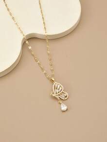 1pc Cute Pink Cubic Zirconia Pearl Butterfly Stainless Steel Necklace, 1 Pair Cute Pink Cubic Zirconia Pearl Butterfly Stainless Steel Earrings, Suitable For Women's Daily Wear, Gold Jewelry, Gold Earrings, Women's Jewelry, Summer, Vacation, Beach Accessories, Gift - Pink - View 9