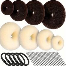 33pcs Hair Styling Tool Set Includes: 8pcs Hair Donut Bun Maker, 4pcs Dark Brown & 4pcs Beige Hair Donut Bun Maker, 5pcs Hair Ties, 20pcs Hair Clips - Multicolor - View 1