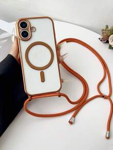 奢华斜挎项链挂绳电镀透明手机壳，兼容 17 Air 16 E 16 15 14 13 12 Pro Max 11，亮面磁吸无线充电保护套 - 橘色 - 查看 5