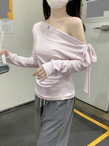 女式条纹系带不对称/不对称休闲长袖 T 恤，春秋季 - 粉色 - 查看 7