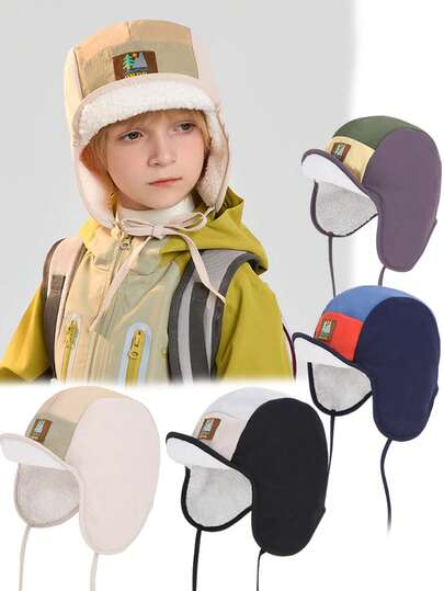 1pc Kids Winter Hat, Outdoor Windproof Warm Earflap Beanie For Baby Boys Girls, Colorblock Thermal Lined Knit Skull Cap