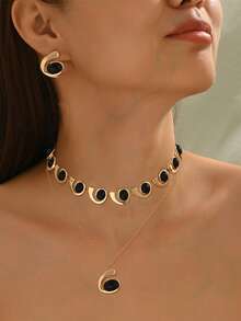 3pcs Fashion New Minimalist Creative Versatile Personalized Comma Asymmetrical European And American Style Necklace And Earrings Set