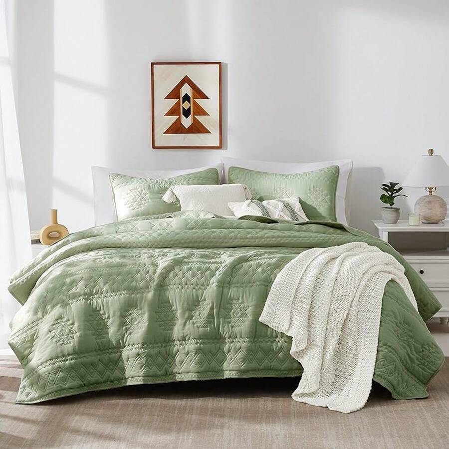 Blue Quilt King Size Bedding Sets With 2 Pillow Shams, Lightweight Soft Bedspread Coverlet, Quilted Blanket Thin Comforter Bed Cover All Season, 3 Pieces, 104x90 Inches, All - Season Bedding - 波西米亞綠 - 查看 1