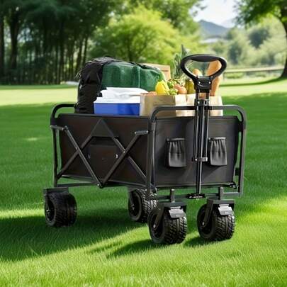 1 Carrito de jardín negro de metal resistente, plegable y de uso múltiple, con gran capacidad para camping, vehículo todoterreno plegable, multiusos para camping, jardinería, compras en la playa, carrito portátil, estante de almacenamiento de herramientas de jardín negro, diseño de mango resistente, estructura de neumáticos duradera, vehículo utilitario resistente, regalo ideal para Año Nuevo, Navidad, Día del Padre