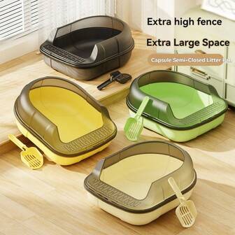 Large High-Sided Splash-Proof Cat Litter Box, Semi-Enclosed Cat Toilet With Foot Pedal, Pet Cat Poop Tray