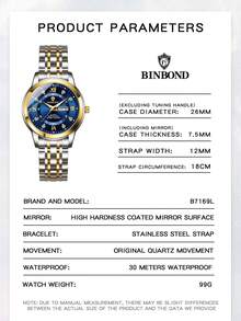 BINBOND 高端品牌奢华时尚商务女士石英表，30米防水，不锈钢表壳，日期星期显示，运动女士腕表 - 藍色 - 查看 8