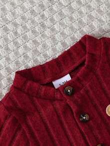 Baby Boy Autumn/Winter Red Front Patch Closure Jumpsuit With Cute Bear Patch + Red Hat, Warm And Playful Style, Soft And Skin-Friendly, Comfortable Daily Outfit For Baby - Red - View 6