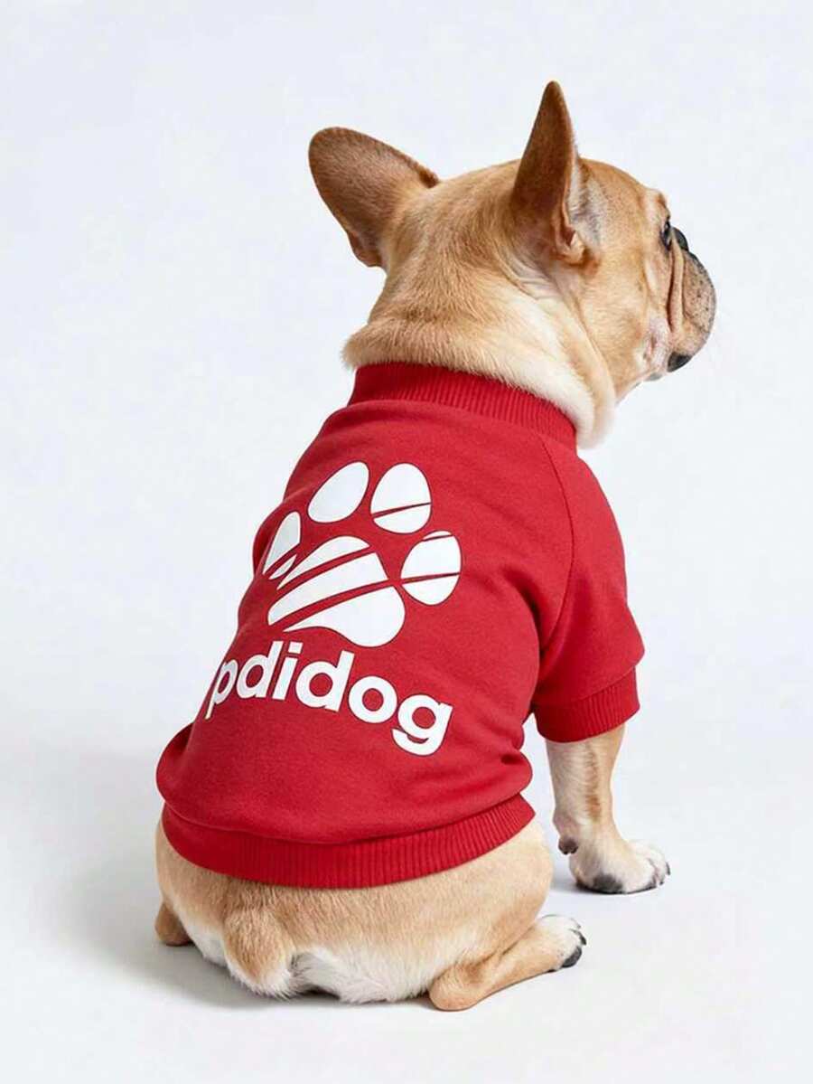 1pc Minimalist Cute Paw Print & Slogan Pattern Polyester Hoodie Sweatshirt, Flea Resistant, Shed Reducing, Warm & Breathable For Small Pets Indoor & Outdoor