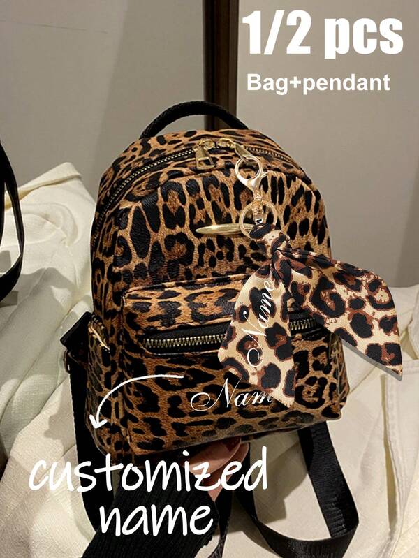 Ladies' Leopard Print Leisure College Style Large Capacity Backpack, Supports Personalized Name Customization, Multiple Combination Options, Travel Backpack, Y2k Style, Paired With Leopard Print Bow Ribbon Pendant, Autumn And Winter Fashion Items, Double-Layer Space, Suitable For Storing Daily Travel Items, Suitable For Commuting, Shopping, Travel, Lightweight Bag, The Best Christmas And Thanksgiving Gifts