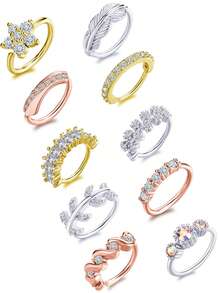 10 piezas Juego de aros de nariz unisex con detalles florales y de plumas, incrustados con circonita cúbica en tonos plateado, dorado y dorado rosa, versátil y de moda, para uso diario y celebraciones