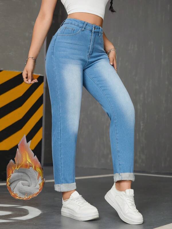 Autumn/Winter Warm Thermal Lined Fashionable Denim Jeans, Casual Tapered Stretch Loose Pants