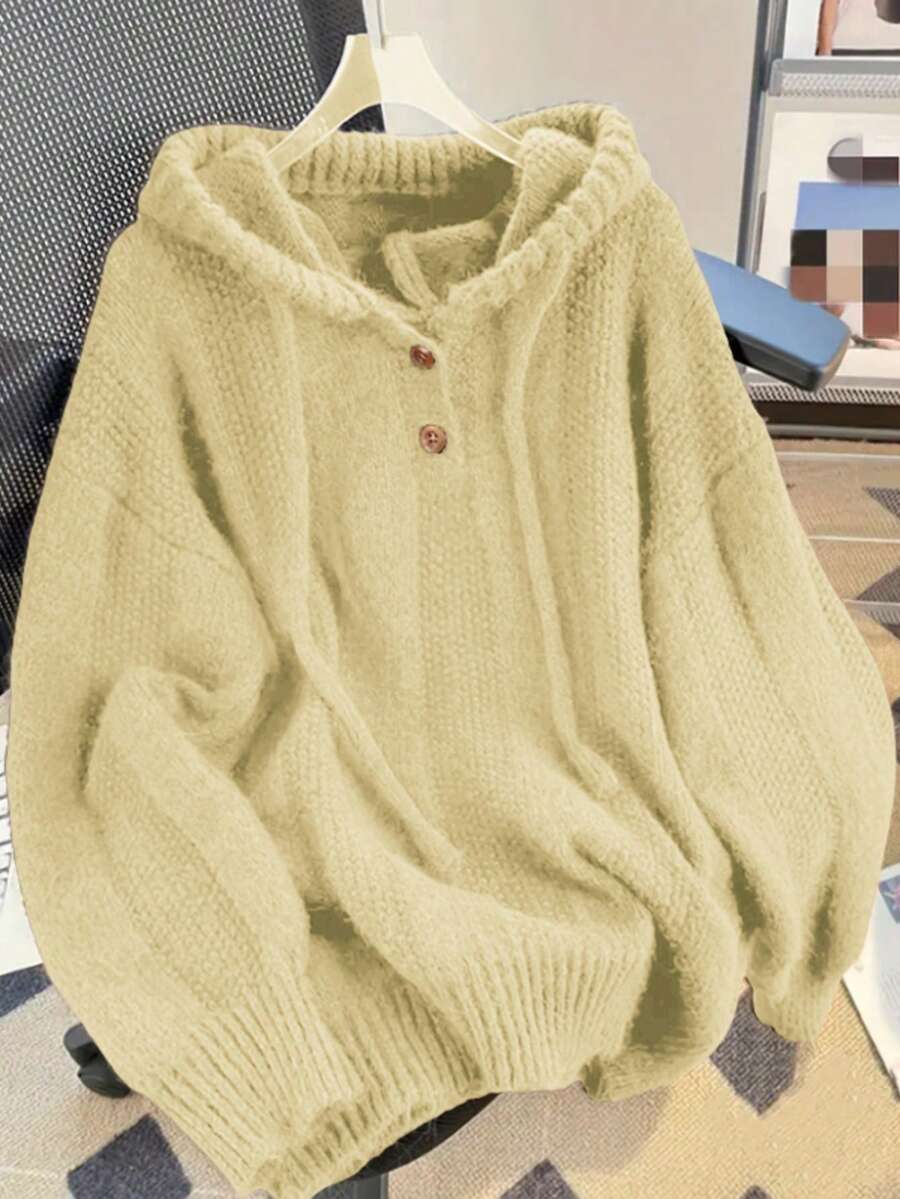 Solid Color Casual Minimalist Drawstring Hooded Sweater - Yellow - View 1