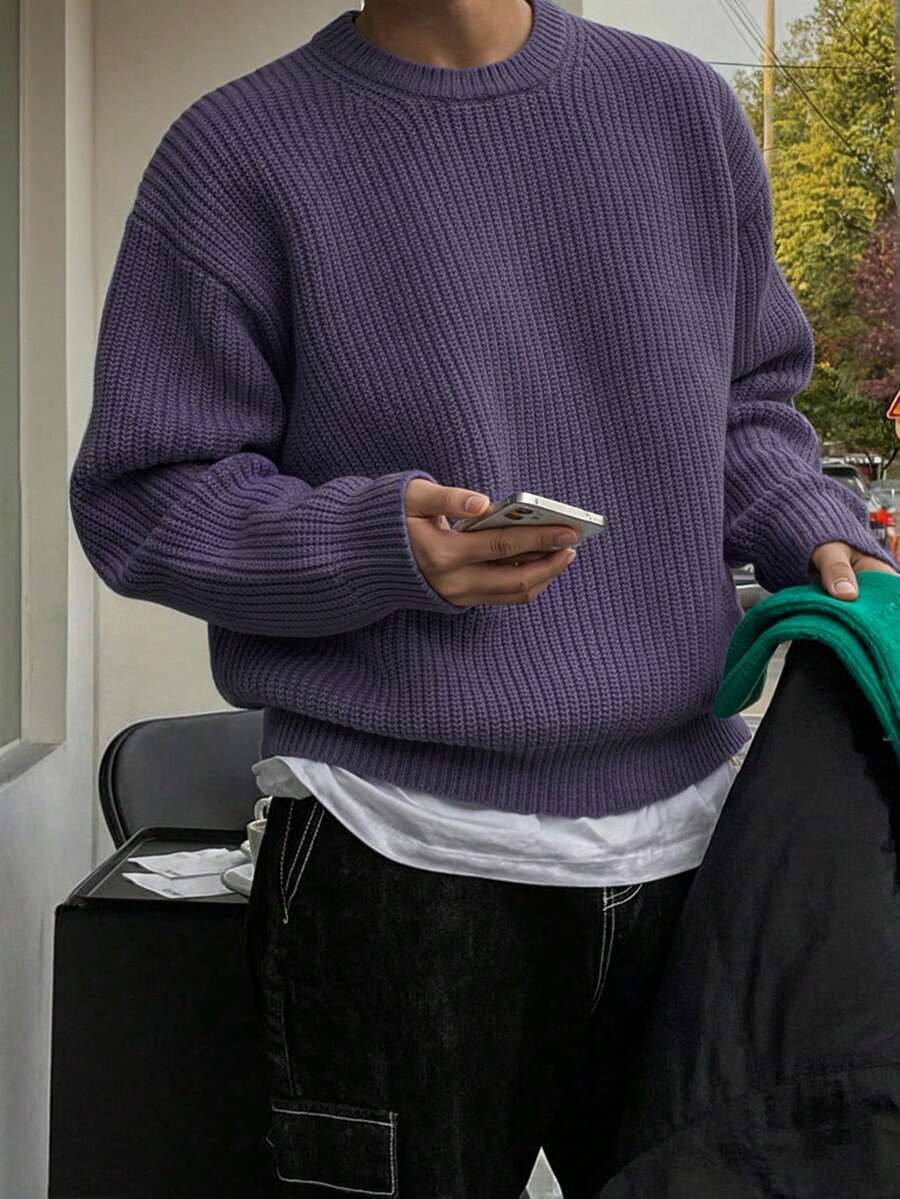 Men's Basic Solid Color Casual Loose Lightweight Polyester Pique Knit Drop Shoulder Crew Neck Sweater, Niche Design, Autumn/Winter - Mauve Purple - View 1