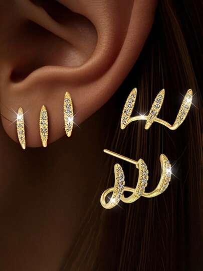2pcs New Diamond Inlaid Minimalist Design Layered Curved Earrings For Women