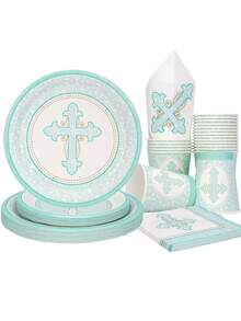 10 pièces/20 pièces/50 pièces/80 pièces Set de vaisselle Bleu pour Communion, comprenant assiettes, gobelets et serviettes. Convient pour la Première Communion, le Baptême de garçon, Pâques, la Confirmation, le Baptême, les fêtes d'église et autres occasions religieuses - Bleu azur - Voir 1
